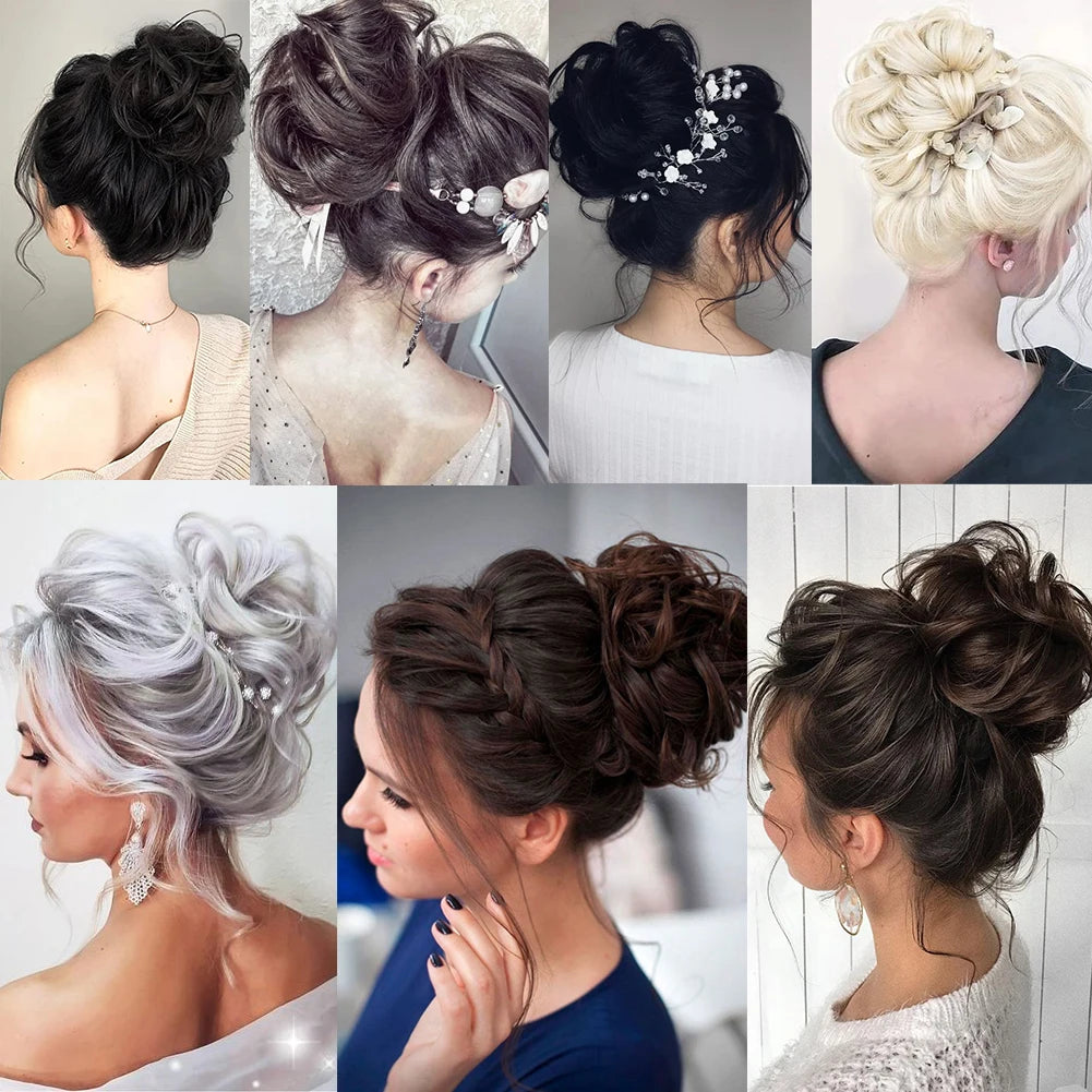 A collage showing various styles of messy buns and updos for curly hair, including updos with floral accents.