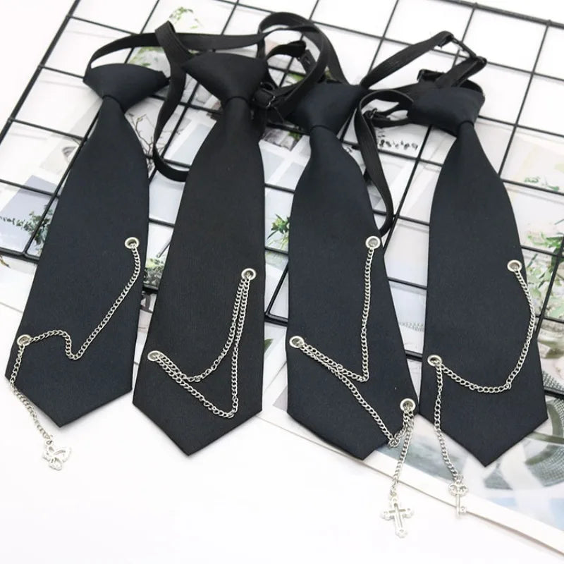 Black pre-tied chain necktie accessory with adjustable chains for school uniforms