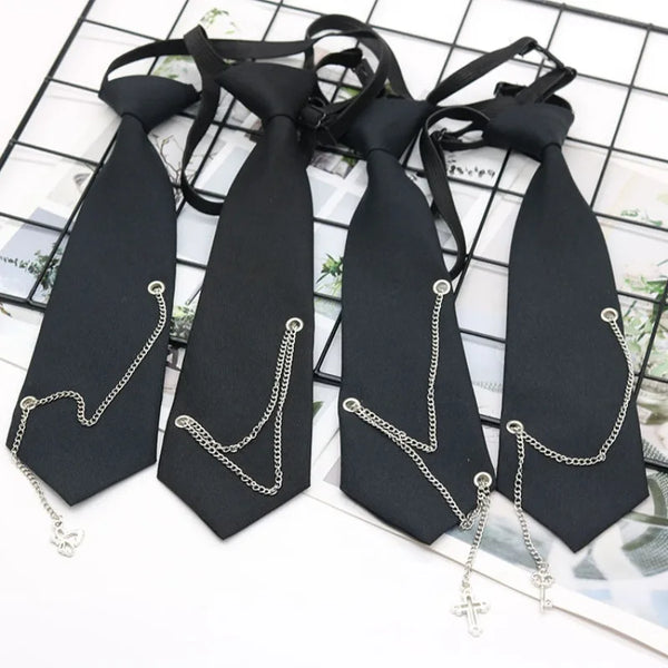 Black pre-tied chain necktie accessory with adjustable chains for school uniforms