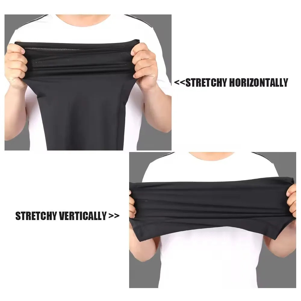 Black stretchy fabric demonstrating horizontal and vertical stretch capabilities