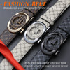 Close-up of three leather belts with different prints and finishes showcasing various designs for men's style.