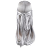 A silky gray durag shower cap bandana tied at the neck, displayed against a white background.