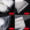 Close-up views of reusable clear ziplock storage bags filled with white granular material.