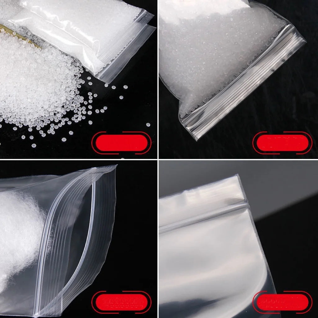 Close-up views of reusable clear ziplock storage bags filled with white granular material.