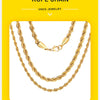 A close-up of a dainty gold rope chain necklace displayed against a white background.