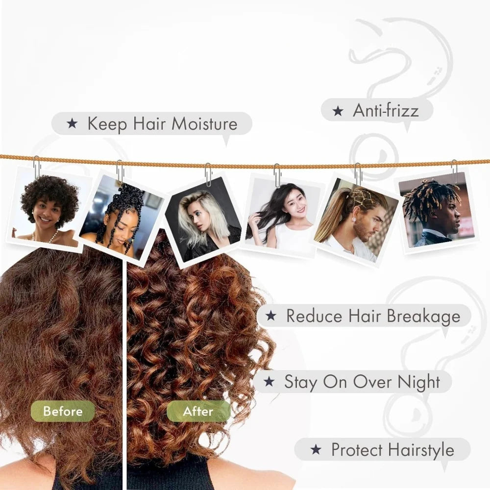 Before and after comparison showing hair moisture and frizz reduction using a satin sleeping bonnet