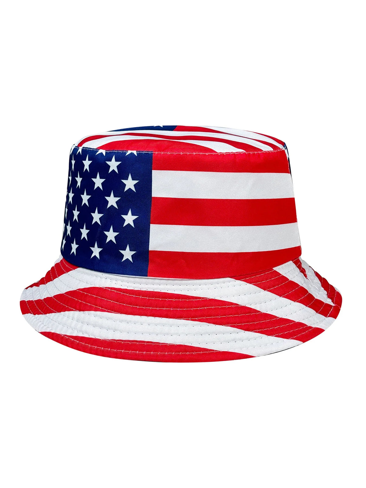Reversibler patriotischer Bucket-Hat mit roter, weißer und blauer Gestaltung mit Sternen und Streifen.