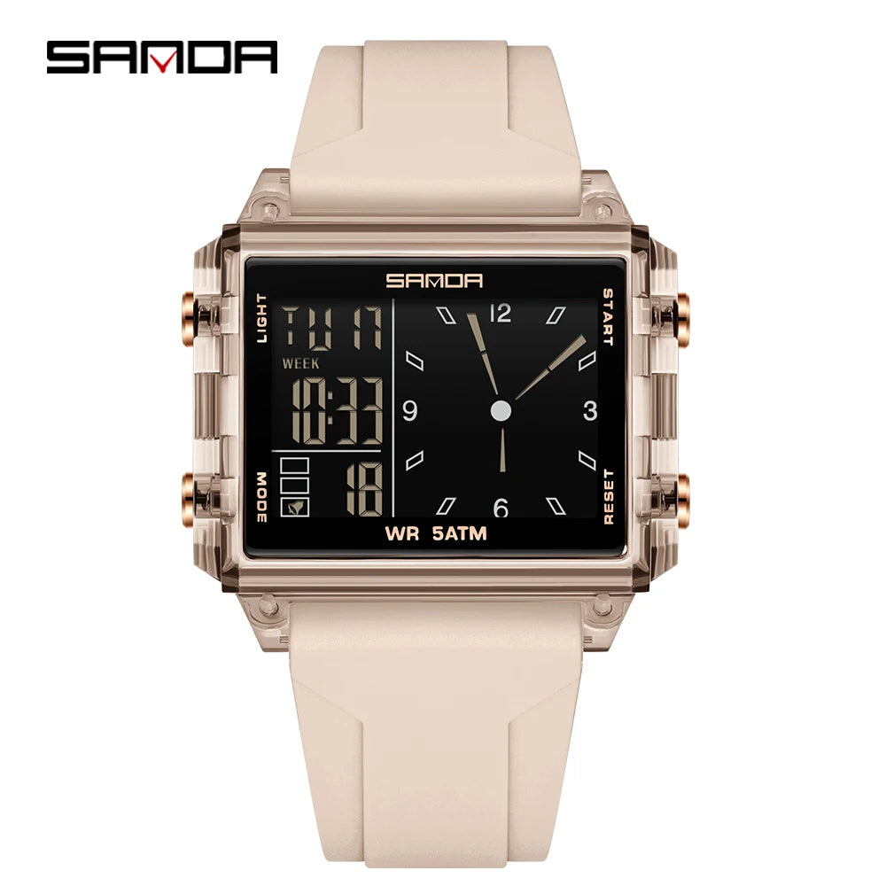 A beige digital wristwatch with a stainless steel case and light display showing the time 10:33.