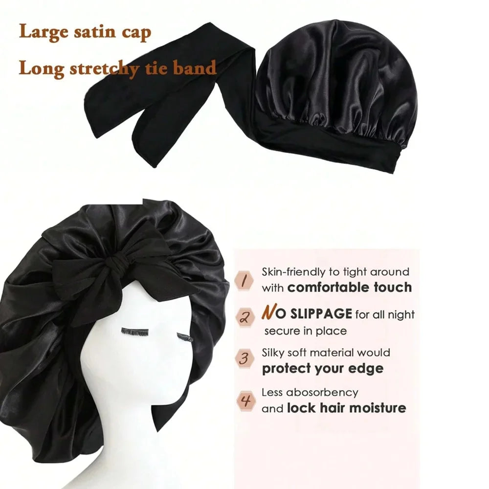 Black satin wide-brimmed hair wrap headscarf shown flat and worn on a mannequin