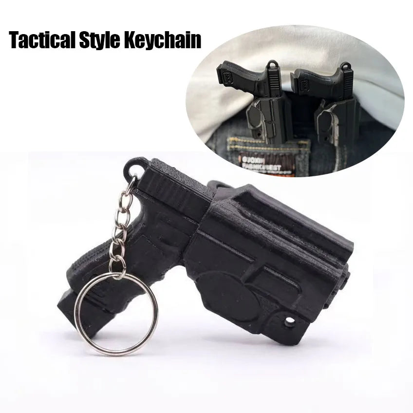 A black tactical pistol keychain featuring a detachable holster, shown next to an inset image of the product.