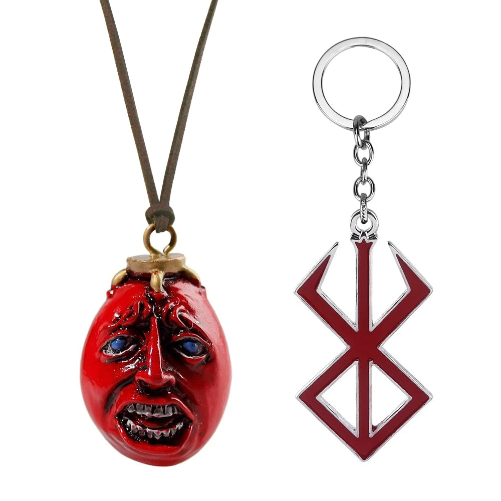 Colgante de un logo de espada estilizada roja en una cadena de plata.