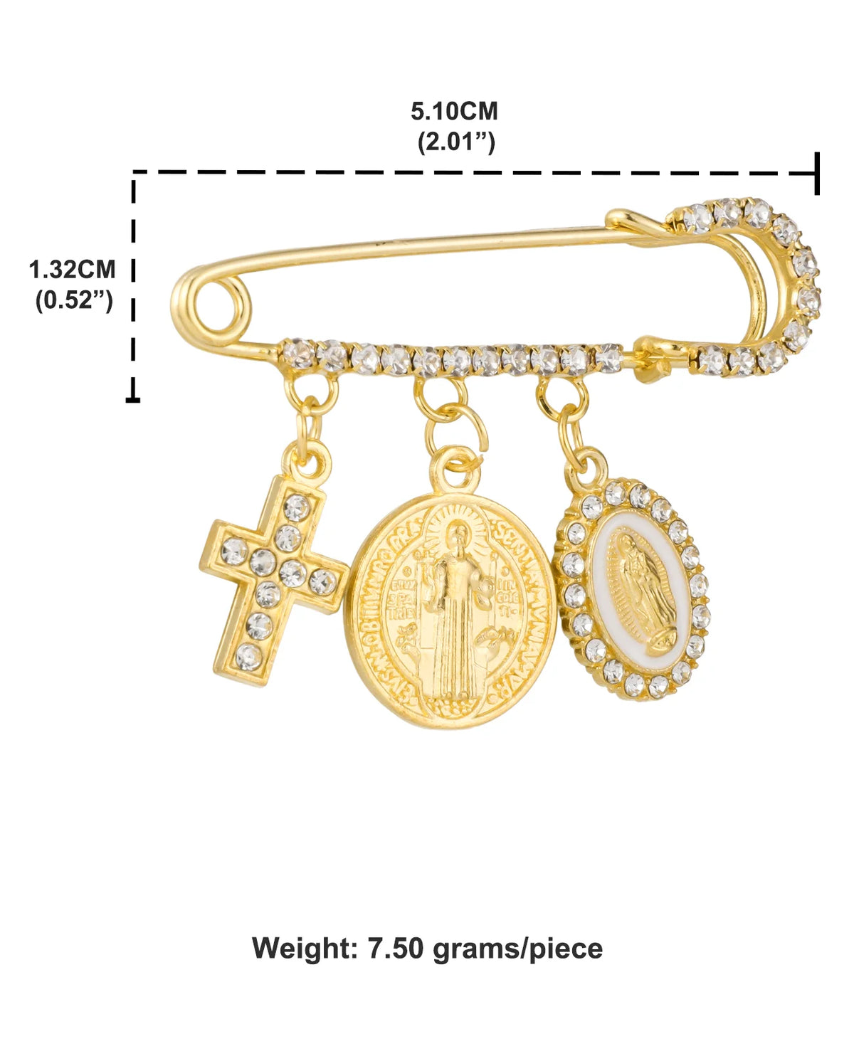 Goldfarbener St. Benedikt-Medal-Brosche mit Kreuz und ovalem Medaillon mit Figur