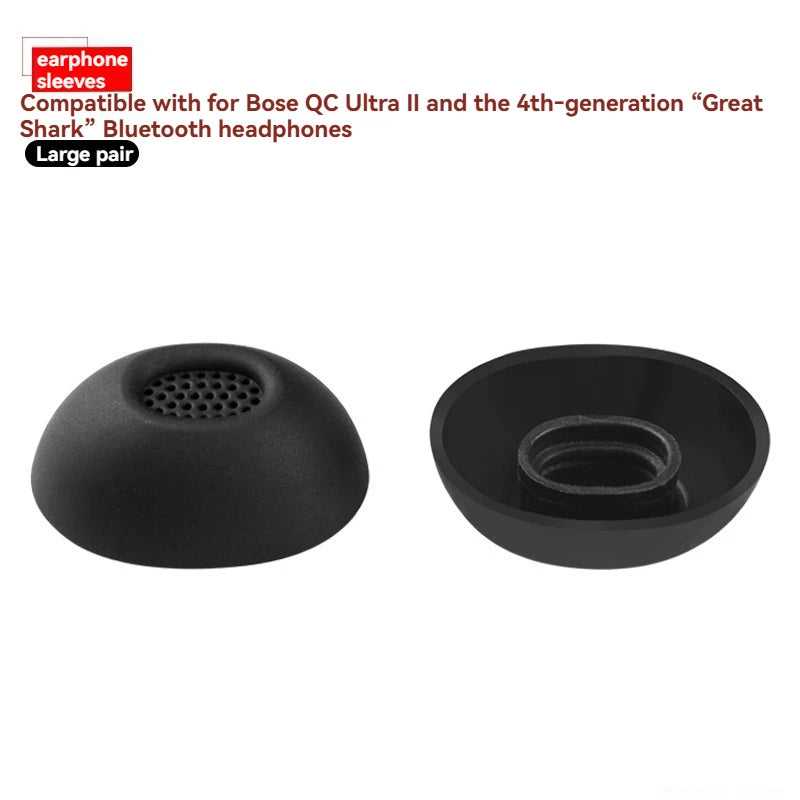 A pair of black silicone earphone sleeves shown next to an empty earbud case.