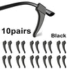 Ten pairs of black anti-slip silicone ear hooks for eyeglasses.