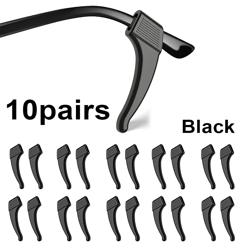 Ten pairs of black anti-slip silicone ear hooks for eyeglasses.