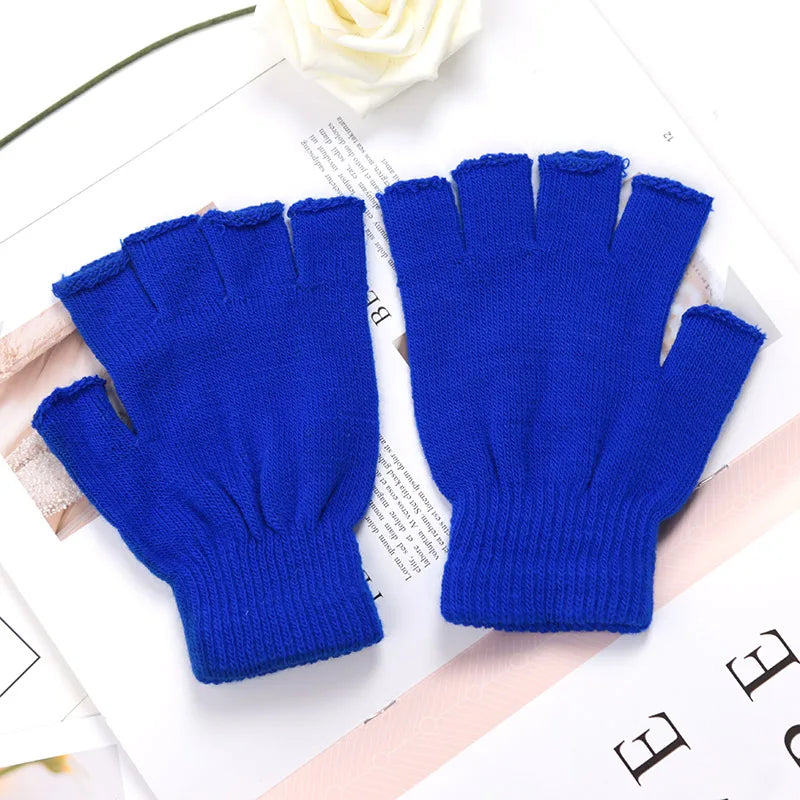 A pair of royal blue knit half finger gloves displayed on a white background.