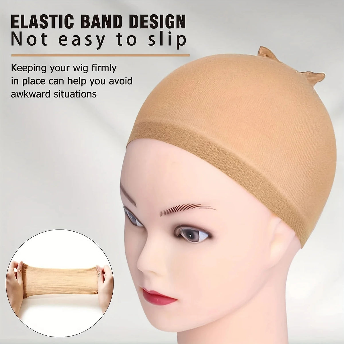 A beige elastic band design wig cap shown on a mannequin head, emphasizing its non-slip feature.