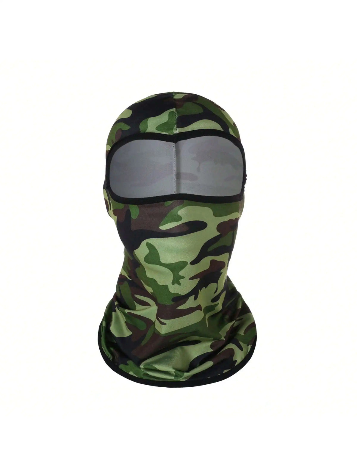 A camouflage balaclava cap with a clear eye opening worn on a person's head.