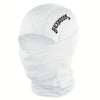 White breathable windproof balaclava hat with the word Backwoods printed on the forehead