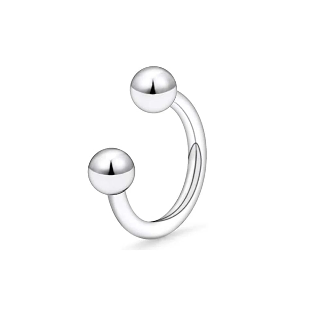 A silver crystal horseshoe barbell ring set with spherical beads.