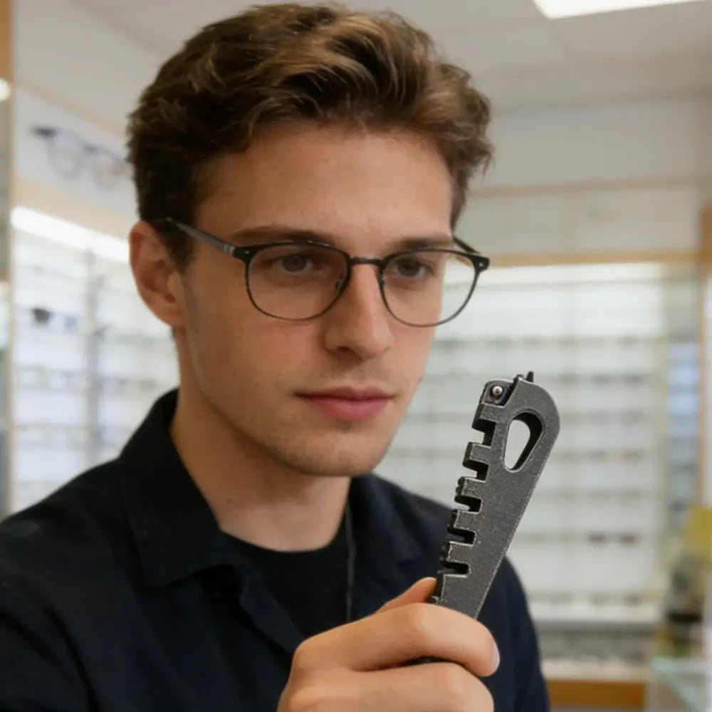 A young man holds a precision eyeglass temple adjustment tool in his hand.