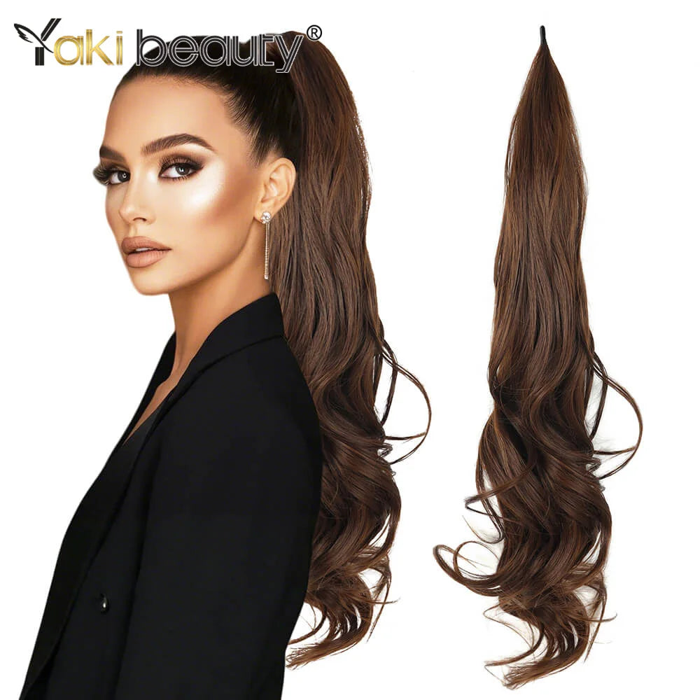 A model showcases long brown hair extensions styled in a ponytail, with a separate view of the hair strands.