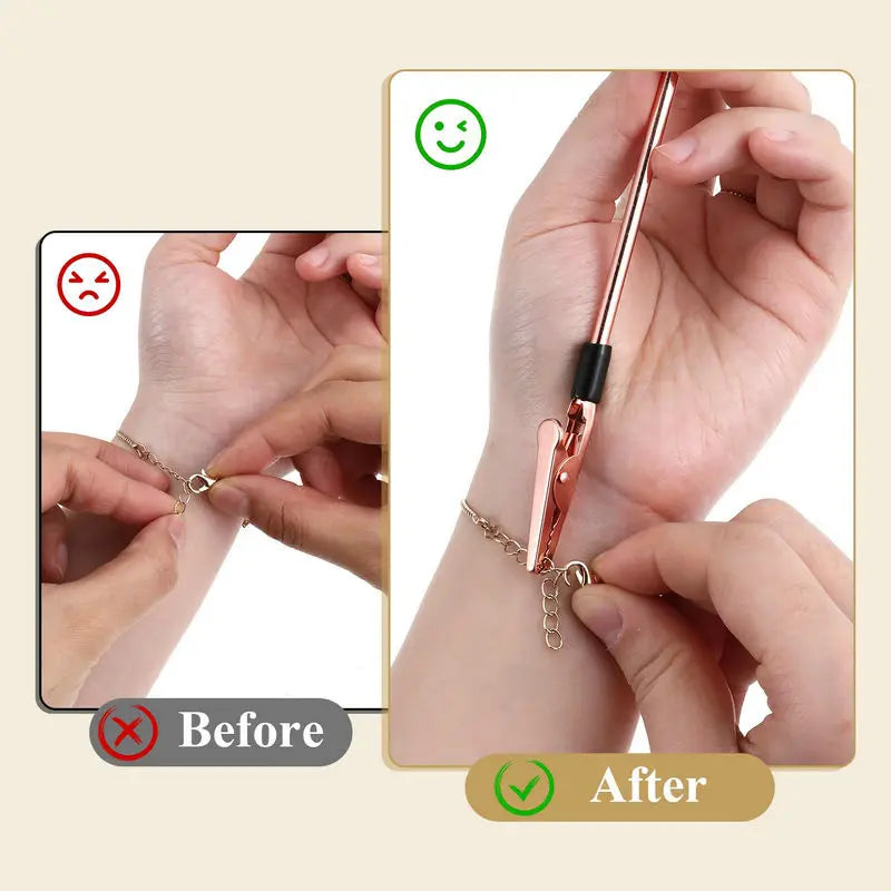 A hand uses a stainless steel jewelry helper tool to attach a charm to a bracelet.