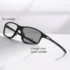 Black photochromic reading glasses shown with text indicating no sunlight and the ability to change color under sunlight.