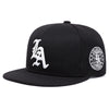 Black embroidered cotton flat edge baseball cap featuring a Los Angeles graphic.