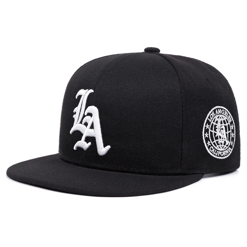 Black embroidered cotton flat edge baseball cap featuring a Los Angeles graphic.