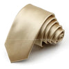 A rolled satin neck tie in a beige or champagne color, shown from the side.