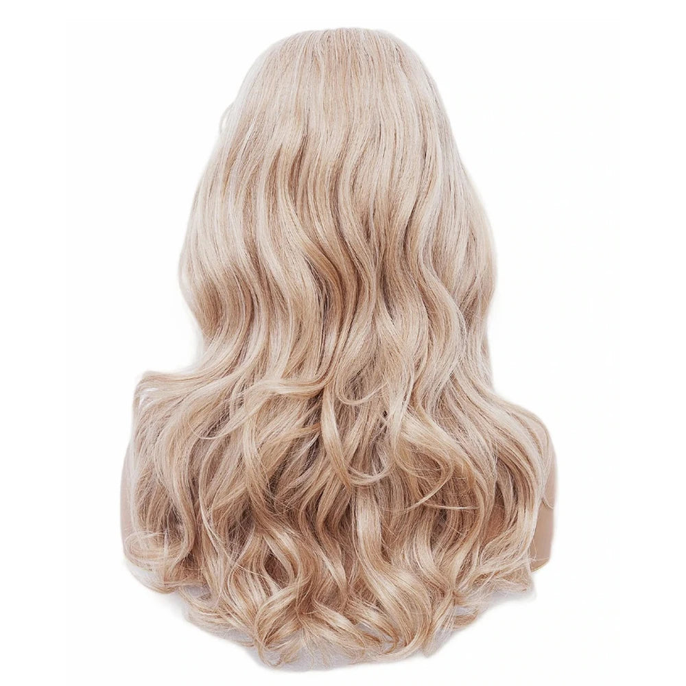 A long wavy blonde wig styled in a big bouffant beehive look.