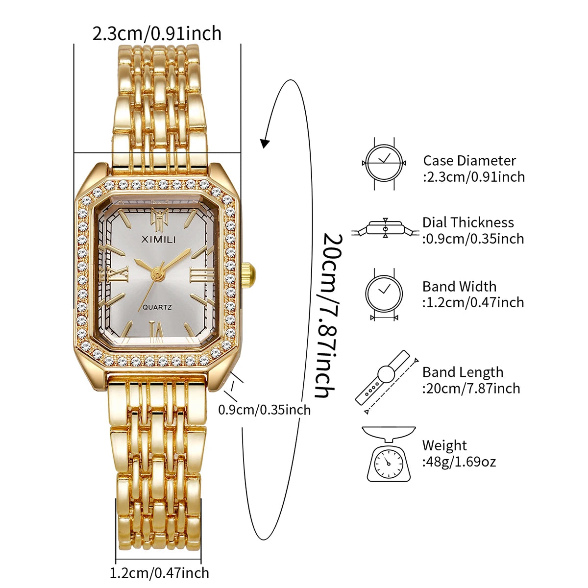 Reloj de cuarzo tono dorado con esfera cuadrada, pedrería y pulsera de eslabones.