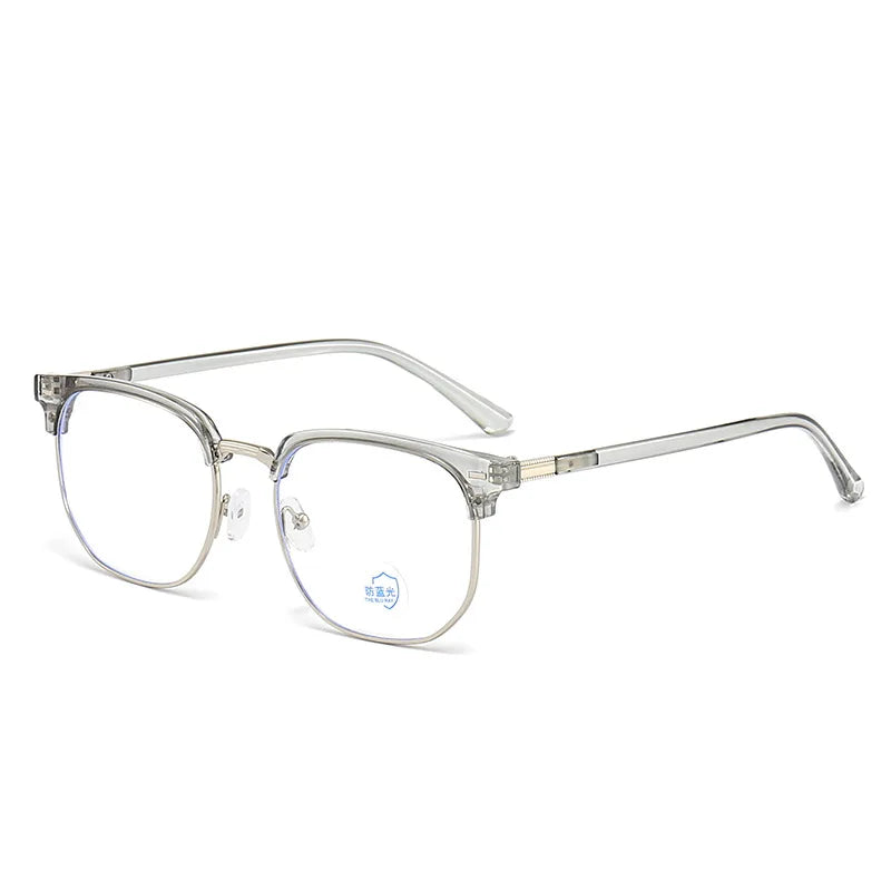Lunettes avec monture claire photochromique anti-lumière bleue et branches métalliques fines