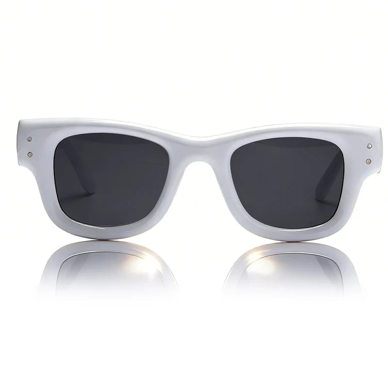 A pair of white-framed square sunglasses with dark lenses shown against a white background.