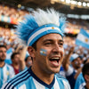 Ein Mann in blau-weiß gestreiftem Fußballtrikot und patriotischem Stirnband jubelt in einer Menge.