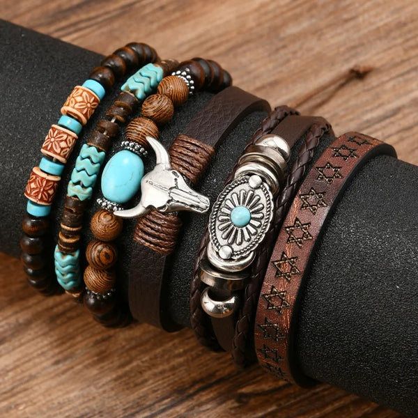 A set of handcrafted retro western beaded bracelets featuring brown leather and turquoise stones stacked on a black cord.