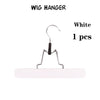 White wooden wig hanger with a metal hook and bar for hair extensions