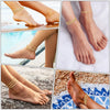 A set of three gold-toned waterproof stainless steel anklets worn on women's feet and ankles.