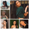 A collage of models showcasing 24-inch straight hair extensions styled in various looks and colors.