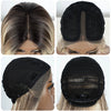 Close-up images of a black lace front wig with straight ombre hair, showing different angles and details.