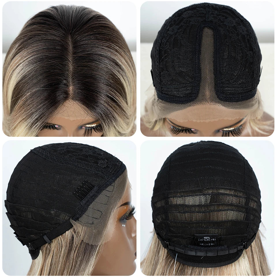 Close-up images of a black lace front wig with straight ombre hair, showing different angles and details.