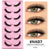A pink plastic tray holding seven pairs of black faux mink cat eye eyelashes and close-up examples on an eye.