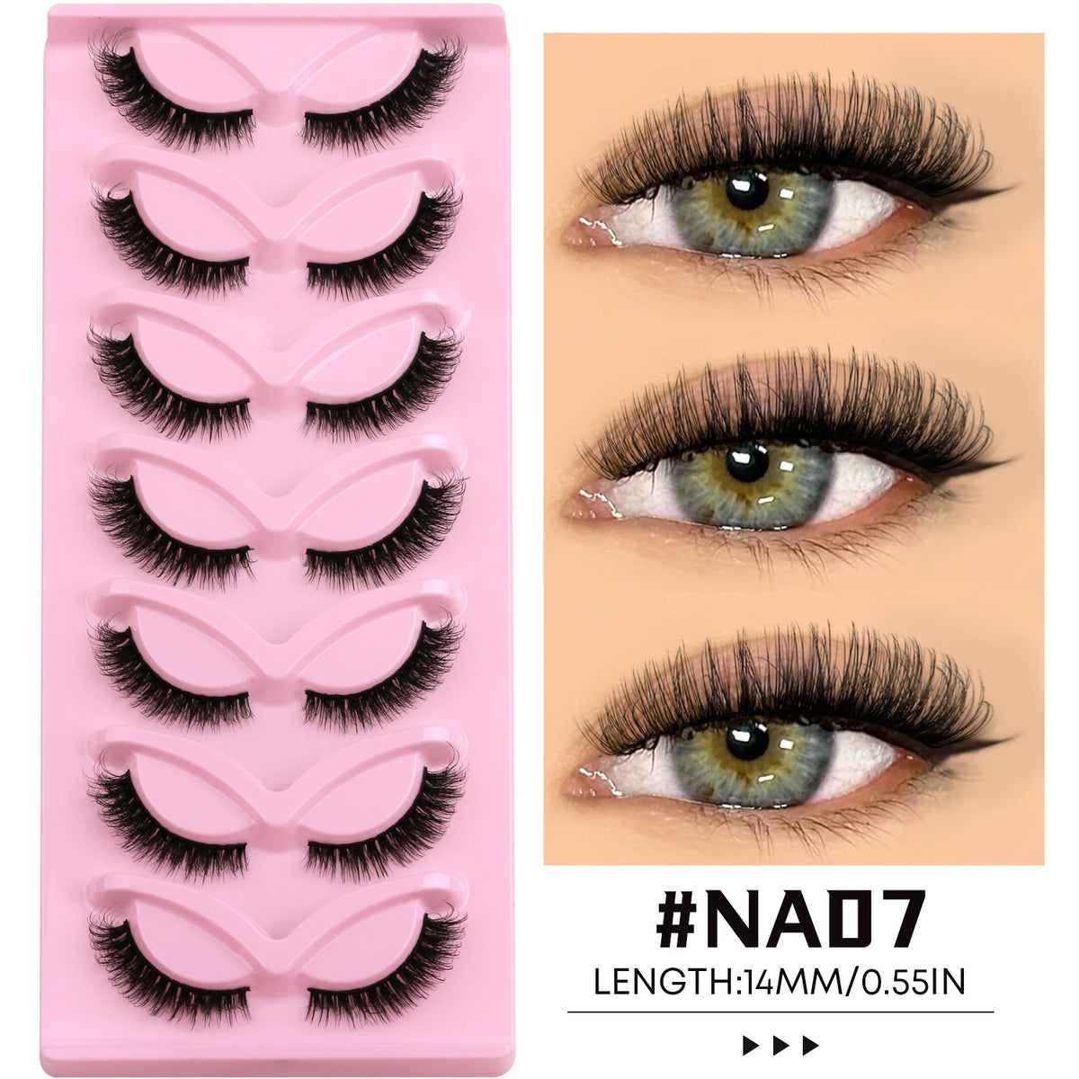 A pink plastic tray holding seven pairs of black faux mink cat eye eyelashes and close-up examples on an eye.