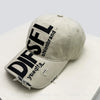 A light gray baseball cap with black embroidered text reading DISFL and yueqfa