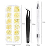 A set of 4 rhinestone nail art decorations packaged in a clear plastic container with an included applicator tool.