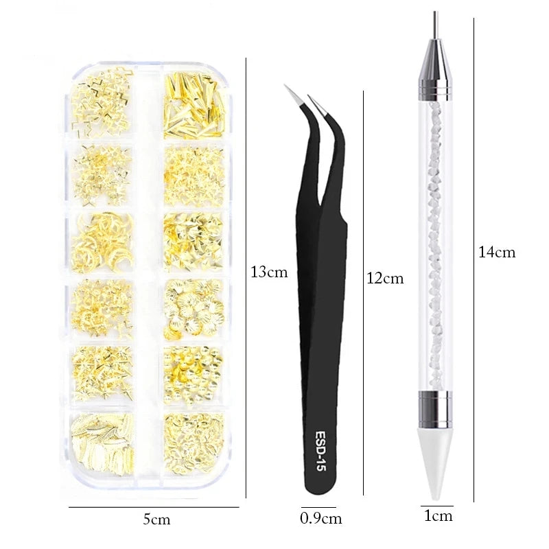 A set of 4 rhinestone nail art decorations packaged in a clear plastic container with an included applicator tool.