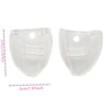 Two clear flexible eye shields for eyeglasses shown with dimension lines.