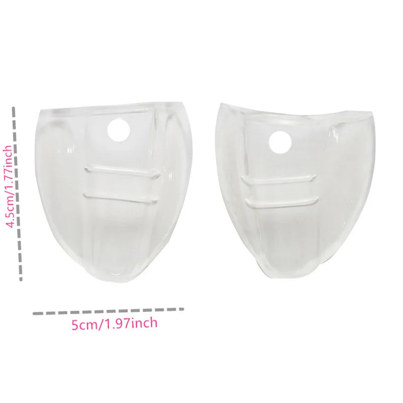 Two clear flexible eye shields for eyeglasses shown with dimension lines.
