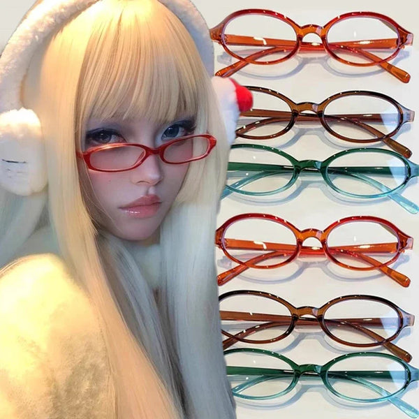 A close-up of a person wearing various Y2K retro oval fashion eyeglasses in shades of orange, brown, green, and clear.